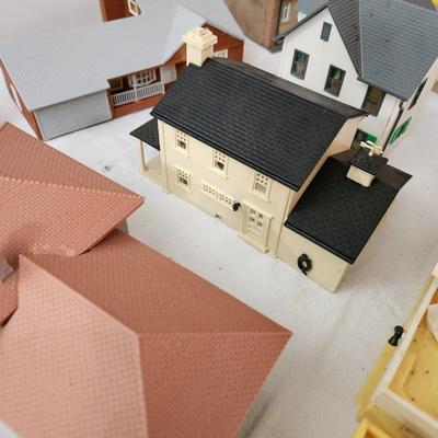 Large Lot of Plastic Train Garden Buildings Church w Bell Germany , Kibri , Patal, Burning Building