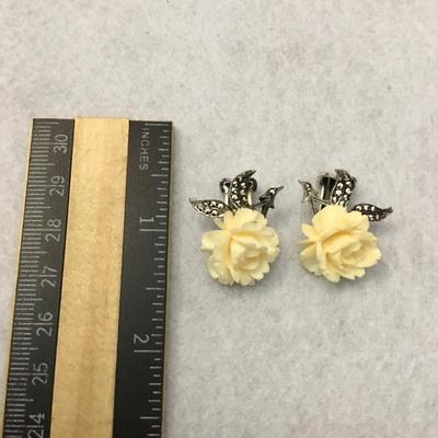 Vintage Germany, celluloid, and sterling silver rose clip on earrings