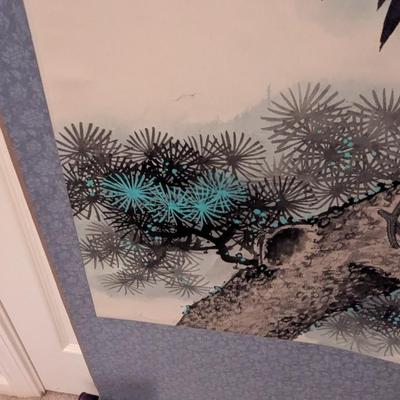 22 1/2" x 68" Antique Chinese Painting On Silk & Paper With Artist Mark & Calligraphy
