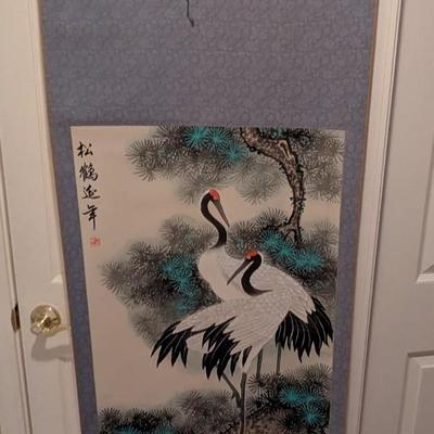 22 1/2" x 68" Antique Chinese Painting On Silk & Paper With Artist Mark & Calligraphy