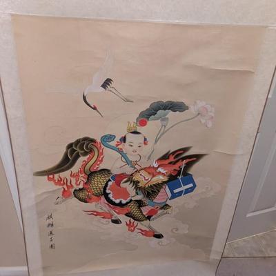 32" x 71" Antique Chinese Painting On Silk & Paper With Artist Mark & Calligraphy
