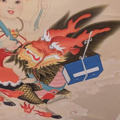 32" x 71" Antique Chinese Painting On Silk & Paper With Artist Mark & Calligraphy