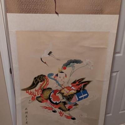32" x 71" Antique Chinese Painting On Silk & Paper With Artist Mark & Calligraphy