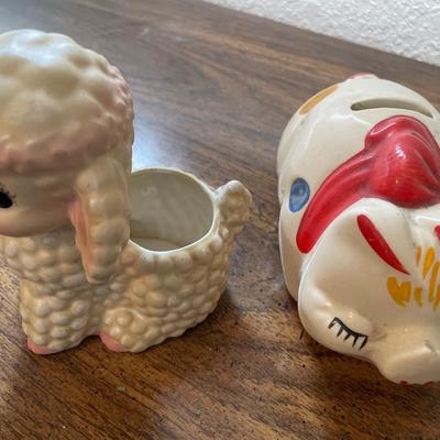Lamb planter, piggy bank and floral decor
