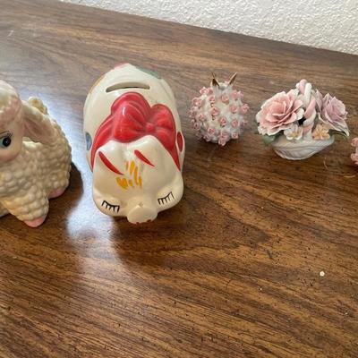 Lamb planter, piggy bank and floral decor