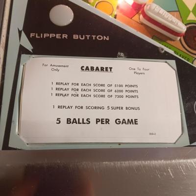 STANDARD SIZE WORKING "CABARET" PINBALL MACHINE