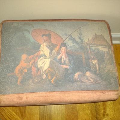 Upholstered Foot Stool with Asian Design- Approx 14" X 13" x 10" Tall