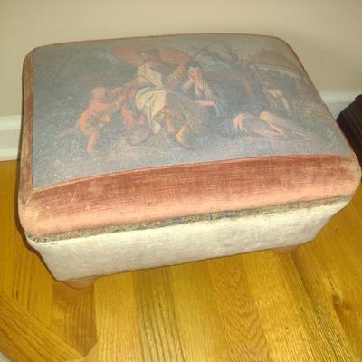 Upholstered Foot Stool with Asian Design- Approx 14" X 13" x 10" Tall