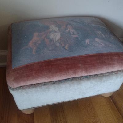 Upholstered Foot Stool with Asian Design- Approx 14" X 13" x 10" Tall