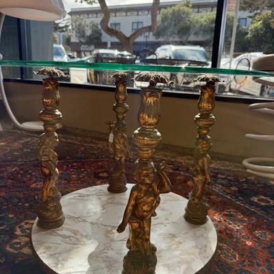 Vintage Cherub Angel Side Table Glass Faux Marble Hollywood Regency 1960s
