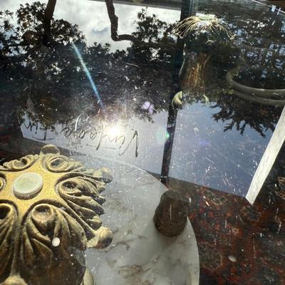 Vintage Cherub Angel Side Table Glass Faux Marble Hollywood Regency 1960s
