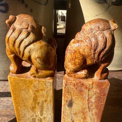 Chinese Foo Dog Soapstone Statue Pair Bookends Height 6.5”