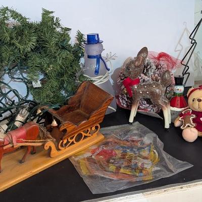 Lighted Snowman Ceramic Deer Wooden Horse & Sleigh