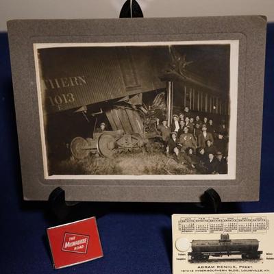 THREE COLLETIBLE RAILROAD ITEMS TO INCLUDE TRAINWRECK CABINET CARD NORTHERN RAILROAD