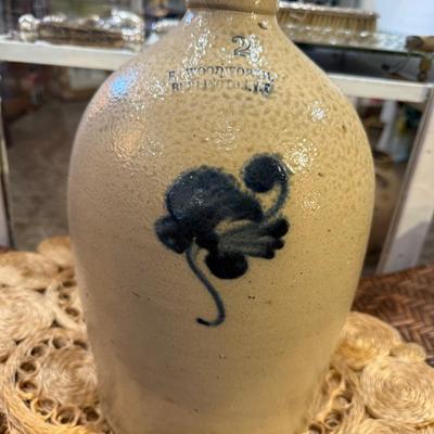 Antique Vintage Salt Glazed Stoneware Jug F. Woodworth Vermont