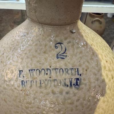 Antique Vintage Salt Glazed Stoneware Jug F. Woodworth Vermont