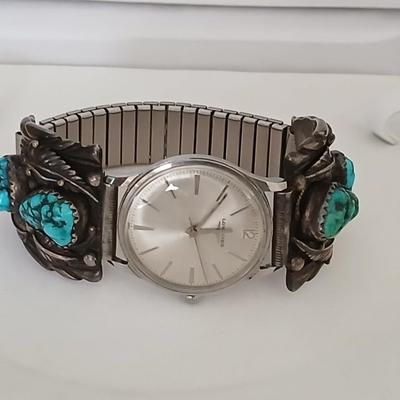 Vintage Longines watch with Navajo Native American Turquoise Sterling Silver Nice watch!
