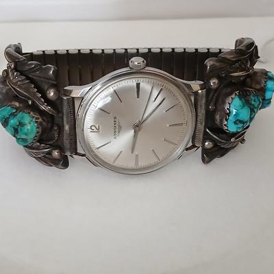 Vintage Longines watch with Navajo Native American Turquoise Sterling Silver Nice watch!