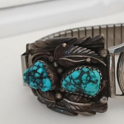 Vintage Longines watch with Navajo Native American Turquoise Sterling Silver Nice watch!