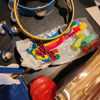 Large Box filled with Assorted Instruments & Music Books Yamaha Recorder , Harmonicas , Symbols, and many others