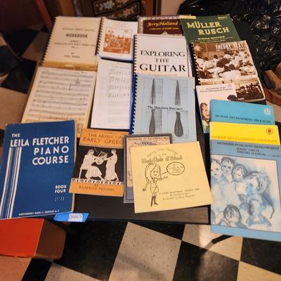 Large Box filled with Assorted Instruments & Music Books Yamaha Recorder , Harmonicas , Symbols, and many others