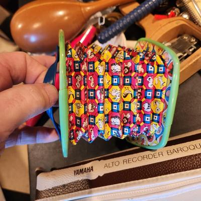 Large Box filled with Assorted Instruments & Music Books Yamaha Recorder , Harmonicas , Symbols, and many others