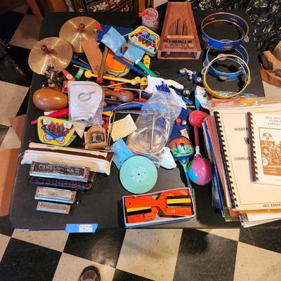 Large Box filled with Assorted Instruments & Music Books Yamaha Recorder , Harmonicas , Symbols, and many others