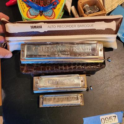 Large Box filled with Assorted Instruments & Music Books Yamaha Recorder , Harmonicas , Symbols, and many others