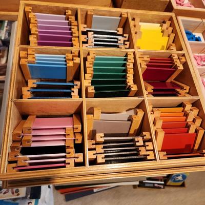 Montessori Home School Blue & Pink Cursive Moveable Alphabet Color Tablets w Wooden Storage Boxes