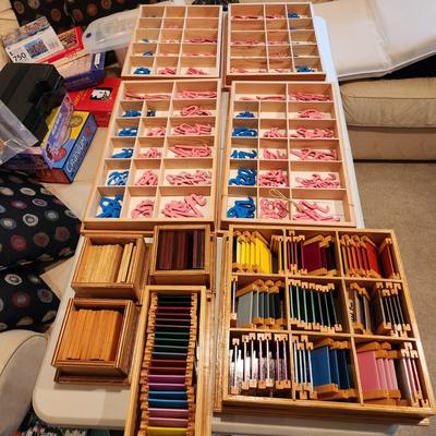 Montessori Home School Blue & Pink Cursive Moveable Alphabet Color Tablets w Wooden Storage Boxes