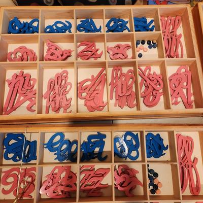 Montessori Home School Blue & Pink Cursive Moveable Alphabet Color Tablets w Wooden Storage Boxes