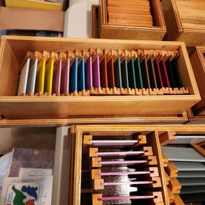 Montessori Home School Blue & Pink Cursive Moveable Alphabet Color Tablets w Wooden Storage Boxes