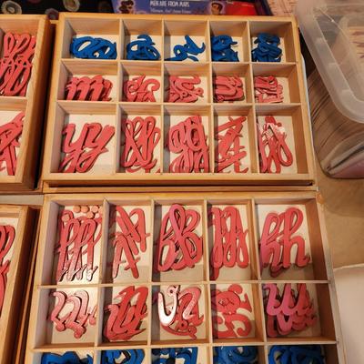 Montessori Home School Blue & Pink Cursive Moveable Alphabet Color Tablets w Wooden Storage Boxes