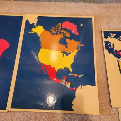 Montessori Home School Wood Map Puzzles North South America , Europe, Asia, Australia, Africa ,United States, Canada , World
