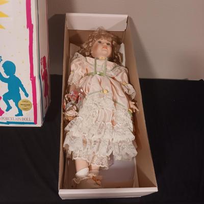LITTLE COMPANION COLLECTION "SHIRLEEN"PORCELAIN DOLL & A VINTAGE BABY TOY