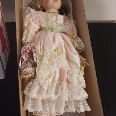 LITTLE COMPANION COLLECTION "SHIRLEEN"PORCELAIN DOLL & A VINTAGE BABY TOY