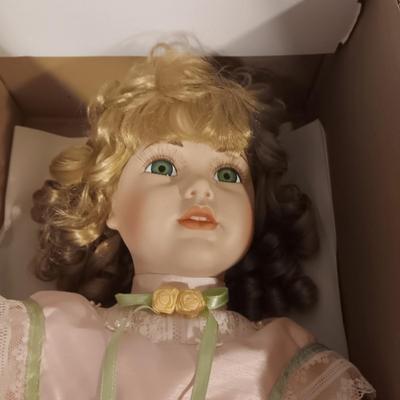 LITTLE COMPANION COLLECTION "SHIRLEEN"PORCELAIN DOLL & A VINTAGE BABY TOY