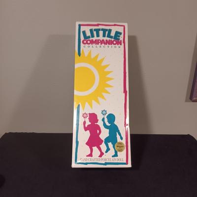 LITTLE COMPANION COLLECTION "SHIRLEEN"PORCELAIN DOLL & A VINTAGE BABY TOY