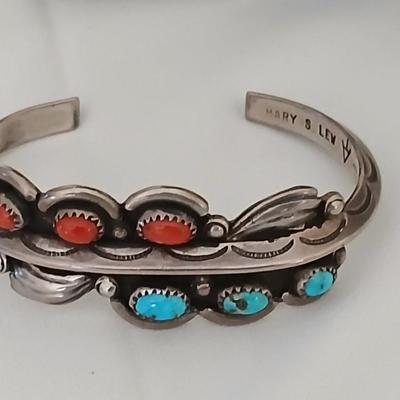 Vintage Navajo Turquoise Cuff Coral Cuff Native American MARY S LEW Cuff Carinated Cuff Sterling Silver