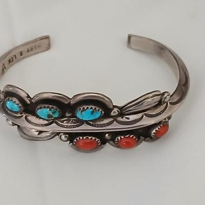 Vintage Navajo Turquoise Cuff Coral Cuff Native American MARY S LEW Cuff Carinated Cuff Sterling Silver