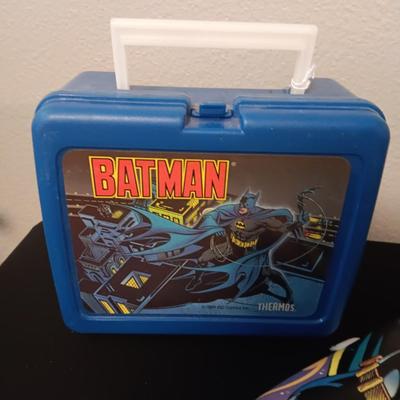 1991 BATMAN LUNCH BOX W/THERMOS, SOFT BAT AND CARDBOARD MASKS