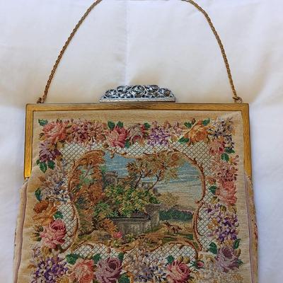 Vintage 30s French Petit Point Scenery banjo serenade Tapestry Girl Clutch Bag, Vintage silk inside Floral Tapestry Embroidered Bag with...