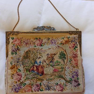 Vintage 30s French Petit Point Scenery banjo serenade Tapestry Girl Clutch Bag, Vintage silk inside Floral Tapestry Embroidered Bag with...