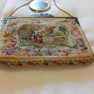 Vintage 30s French Petit Point Scenery banjo serenade Tapestry Girl Clutch Bag, Vintage silk inside Floral Tapestry Embroidered Bag with...