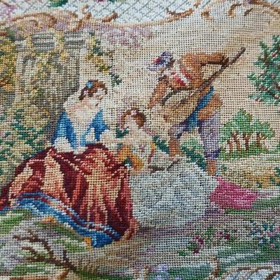 Vintage 30s French Petit Point Scenery banjo serenade Tapestry Girl Clutch Bag, Vintage silk inside Floral Tapestry Embroidered Bag with...