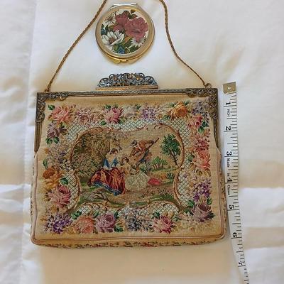 Vintage 30s French Petit Point Scenery banjo serenade Tapestry Girl Clutch Bag, Vintage silk inside Floral Tapestry Embroidered Bag with...