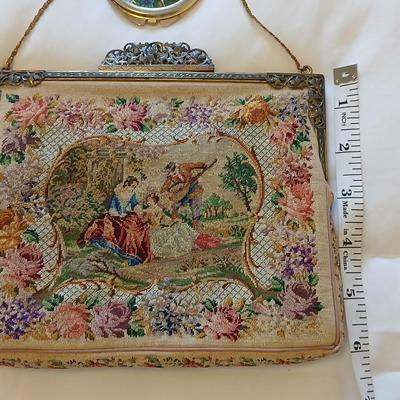 Vintage 30s French Petit Point Scenery banjo serenade Tapestry Girl Clutch Bag, Vintage silk inside Floral Tapestry Embroidered Bag with...