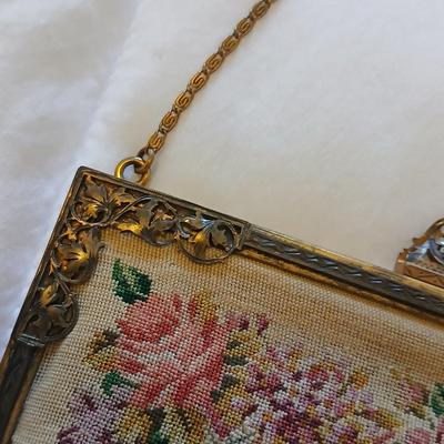 Vintage 30s French Petit Point Scenery banjo serenade Tapestry Girl Clutch Bag, Vintage silk inside Floral Tapestry Embroidered Bag with...