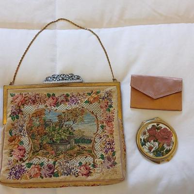Vintage 30s French Petit Point Scenery banjo serenade Tapestry Girl Clutch Bag, Vintage silk inside Floral Tapestry Embroidered Bag with...