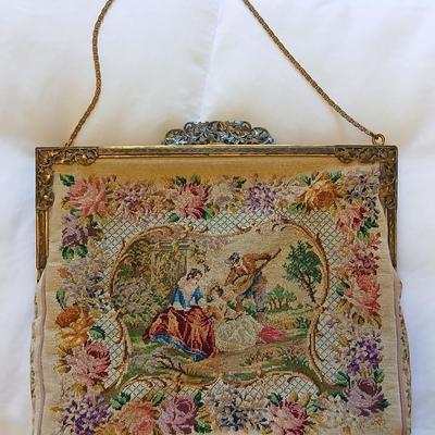 Vintage 30s French Petit Point Scenery banjo serenade Tapestry Girl Clutch Bag, Vintage silk inside Floral Tapestry Embroidered Bag with...